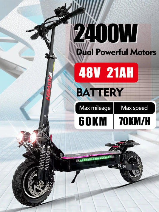 EU 2400W Dual Motor Electric Scooter 48v 21ah Max Speed 70m/h Dual Spring Suspension 10 inch Off-road Tyres Foldable Escooter