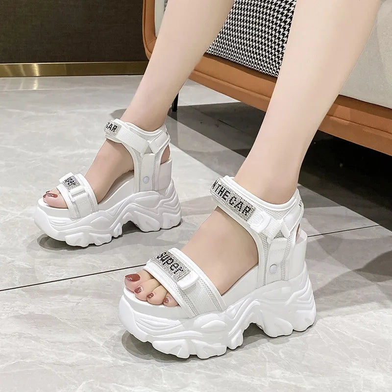 New Summer Black Women High Platform Sandals 11CM Wedge Heels Bling Slippers Peep Toe High Heels White Leather Chunky Flip-Flops