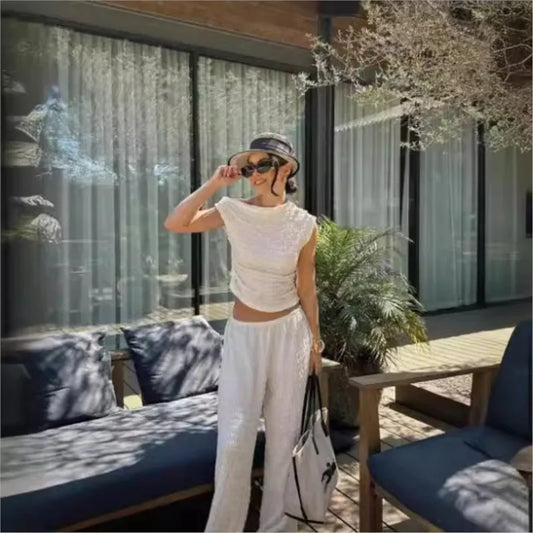 Long Pants Suit Women Solid Elastic Sleeveless Irregular Sets Female Fashion High Waist Puffy 2 Pieces Set Lady Pants Set