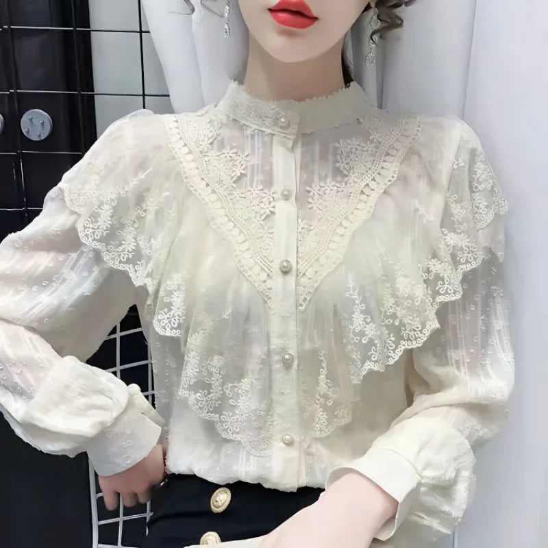 French Vintage Ruffle Edge Lace Women Shirt Palace Style 2024 Spring New Luxury  Long Sleeve Single Breasted Blouses Elegant