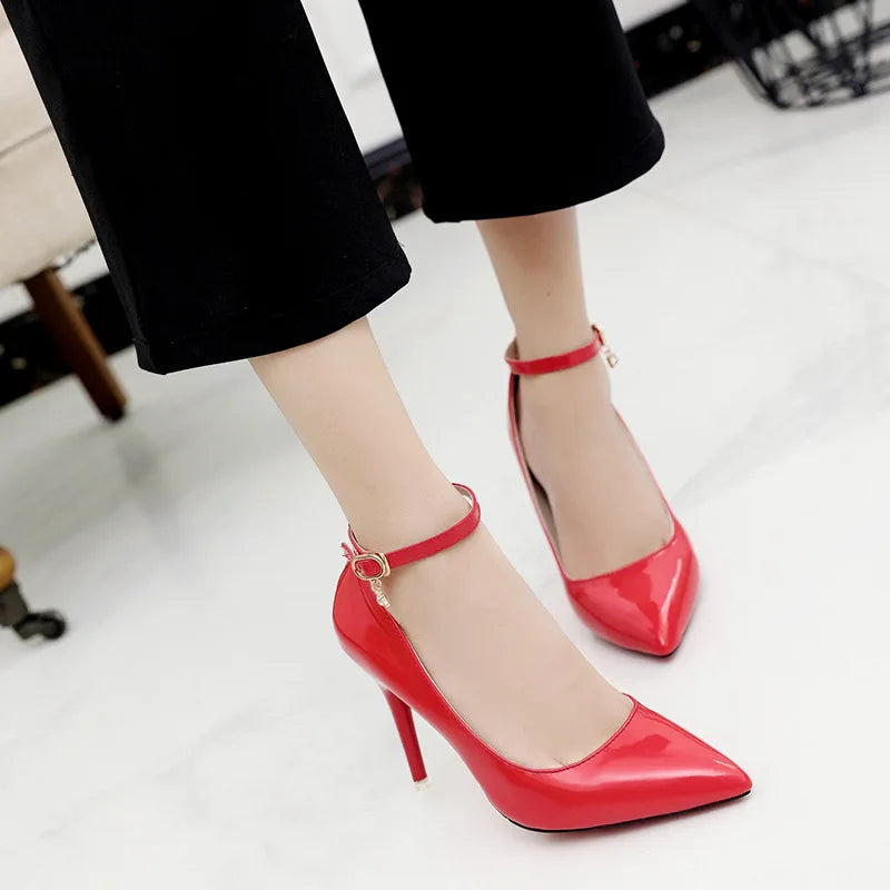 New 10cm Stiletto Heels Gradient Pumps Women Shoes Patent Leather Ankle Strap Super High Pointed Toe Super Big 48 49 50