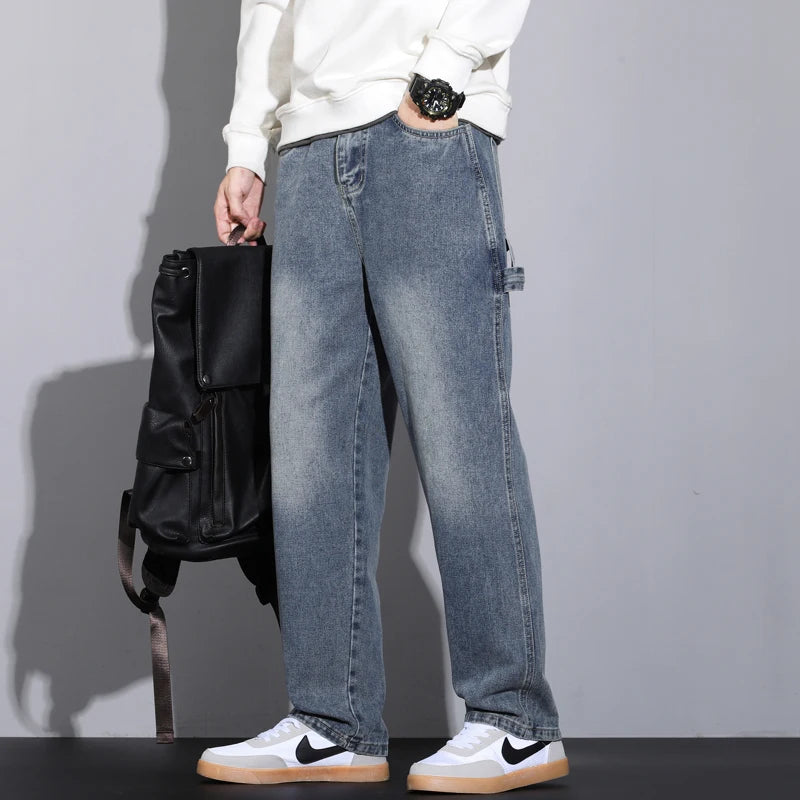 Vintage Jeans Men's 2024 Autumn New Straight Pocket Cargo Pants Loose Wide High Street Casual Denim Trousers Male