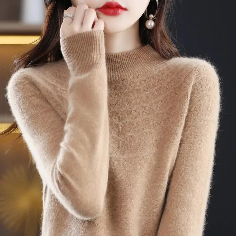 2023 Winter Fashion Women's Sweater Woold Mock Neck Cashmere Knitted Long Sleeve Female Tops Keep Warm Elegant Clothing