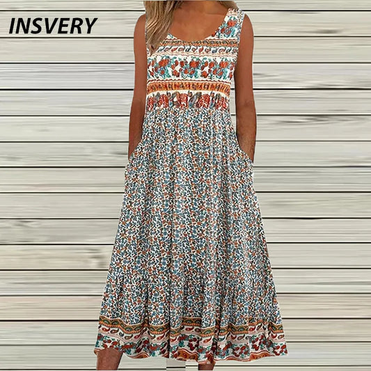 Vintage Floral Printed Party Dress Women Sleeveless Beach Holiday Dresses For Women Casual Maxi Dress Women Casual Long Dress