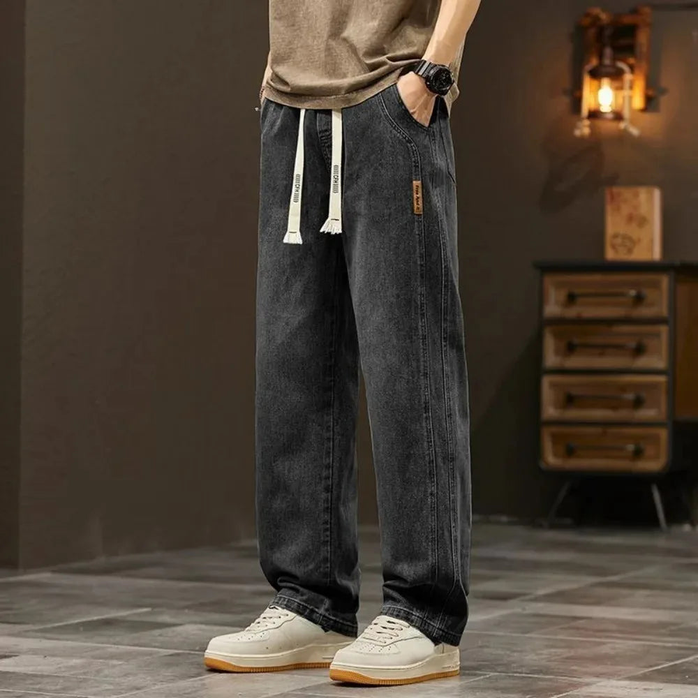 2024 Elastic loose straight jeans men wide legged denim men pants casual trousers Korean style men clothing  jeans pants man