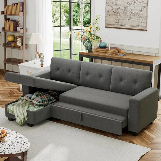 Sofa bed can be flipped and converted, sleeper pull-out sofa with storage chain, linen furniture for living room, dark gray