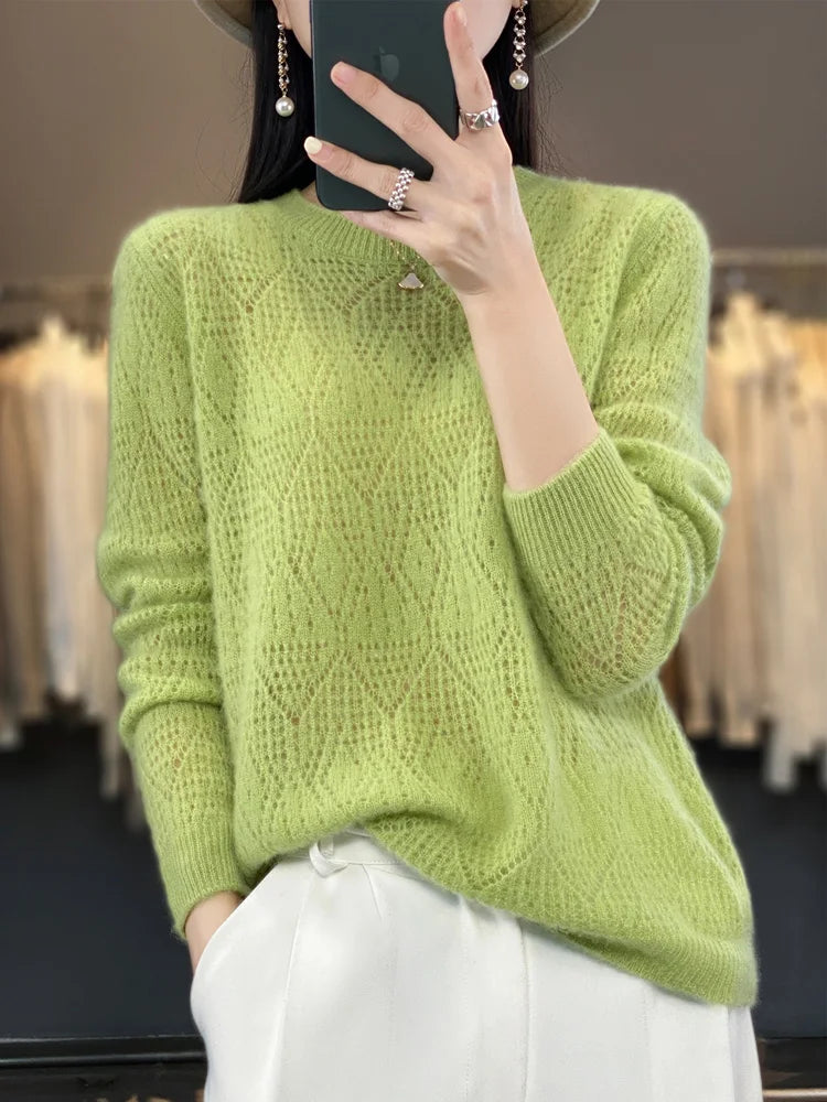 2024 Spring Autumn New Women's O-neck Pullovers 100% Merino Wool Knitted Sweater Hollow Out Grace Jumper Female Clothing Tops