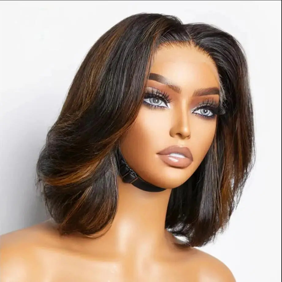 Natural 16 inch Soft Short Bob Highlight Brown 5x5 Silk Base Jewish Human Hair Wigs Baby Hair HD Lace European Hair Preplucked