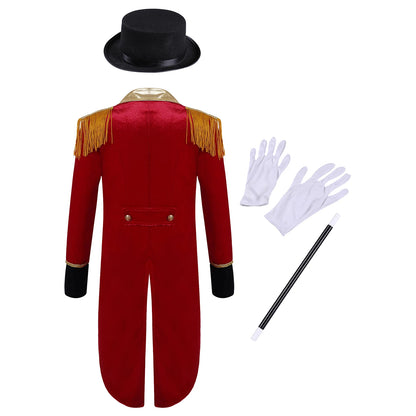 Kids Girls Boys Magician Tailcoat Long Sleeve Ringmaster Circus Show Party Costume Halloween Carnival Cosplay Jacket with Gloves