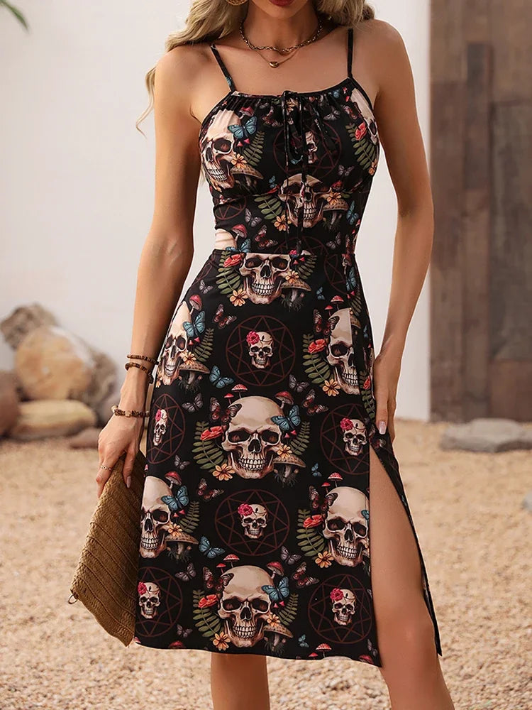 2024 New Vintage Dark Skull Cut Out Sexy Gothic A-line Dresses Y2K Grunge Punk Split Side Dress Women's Retro Backless Clothing