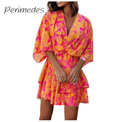 Optimize product title: Women's Summer Dress with Lace-Up V-Neck, Loose Fit & 3/4 Sleeves - Elastic Waist, Bright Color Print - Perfect for Vacation!