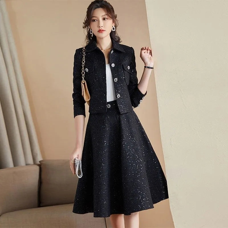 Fashion Suits Women's Jacket Autumn/Winter 2023 New Tweed Skirt Two-Piece Female Korean Long Sleeve Slim Single-Breasted Suit