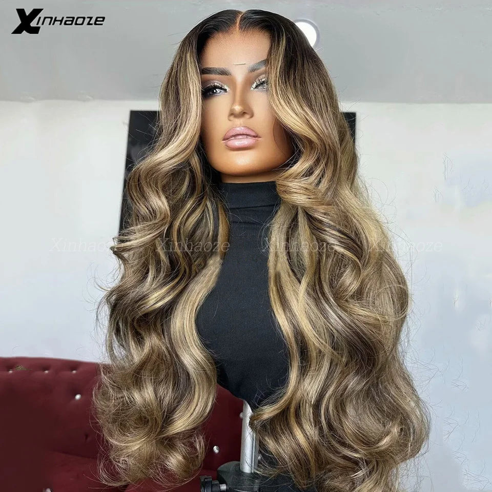 13x6 Lace Frontal Wig Highlight Brown Blonde Body Wave Brazilian HD Transparent Silk Top Lace Closure Wigs For Women Pre Pluck