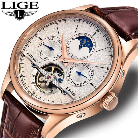 LIGE Men Watches Automatic Movement Mechanical Watch Tourbillon Clock Genuine Leather Waterproof Watch Men Military Wristwatches