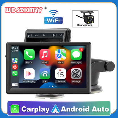 Universal Car Multimedia Video Player: 7" Portable Car Radio with Wireless Apple CarPlay, Android Auto, Intelligent Systems, and 4.3" Reverse Screen