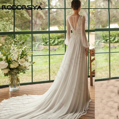 RODDRSYA Bohemian Wedding Dress Women vestidos novias boda Chiffon Long Sleeves Lace Bride Dresses Appliques Split V Neck A Line