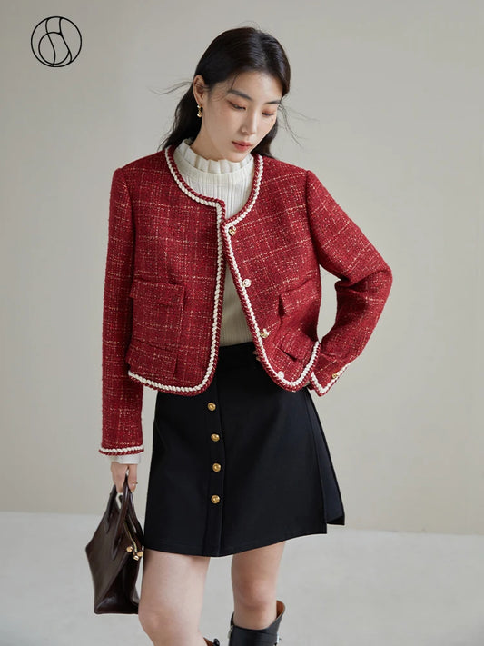 DUSHU Elegant Celebrity Wind Short Outer Set for Women Winter New Vintage Red Color 8.1% Wool Blended Straight Jacket Female