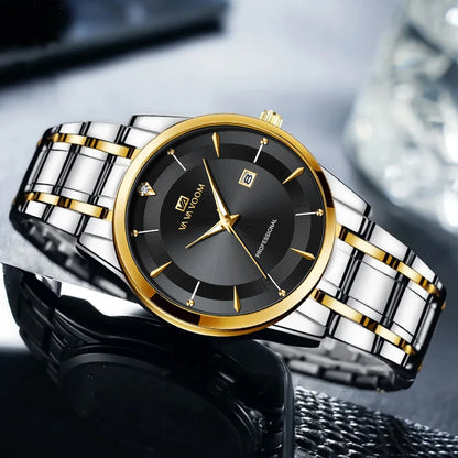 2024 New Men Watch Stainless Steel Business Style Luxury Rhinestone 43mm Blue Gold Quartz Movement Wristwatch Relogios Masculino