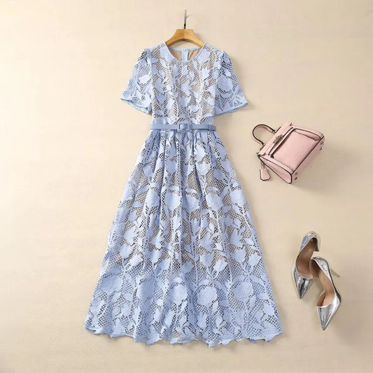 Fashion Summer Womens Dresses 2024 Runway Designer Elegant Short Sleeves Hollow Out Crochet Lace Party Dress Blue Midi Vestidos