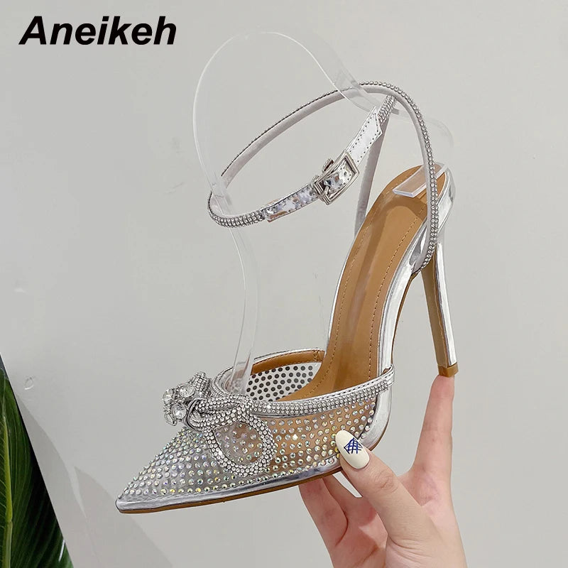 Aneikeh Fashion Transparent PVC Women Pumps Sexy Butterfly-knot CRYSTAL High Heels Pointed Toe Wedding Prom Sandals Spring Shoes