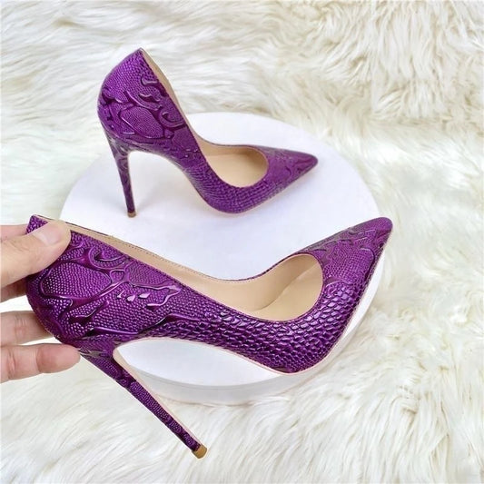 Purple Embossed Crocodile Effect Women Pointy Toe Slip On High Heel Shoes for Party Sexy Ladies Dress Stiletto Pumps