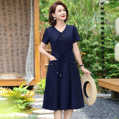 Vintage Short Sleeve Midi A-Line Dress Women Summer FashionShort Sleeve Lacing Pockets Casual Dresses Office Lady Vestidos