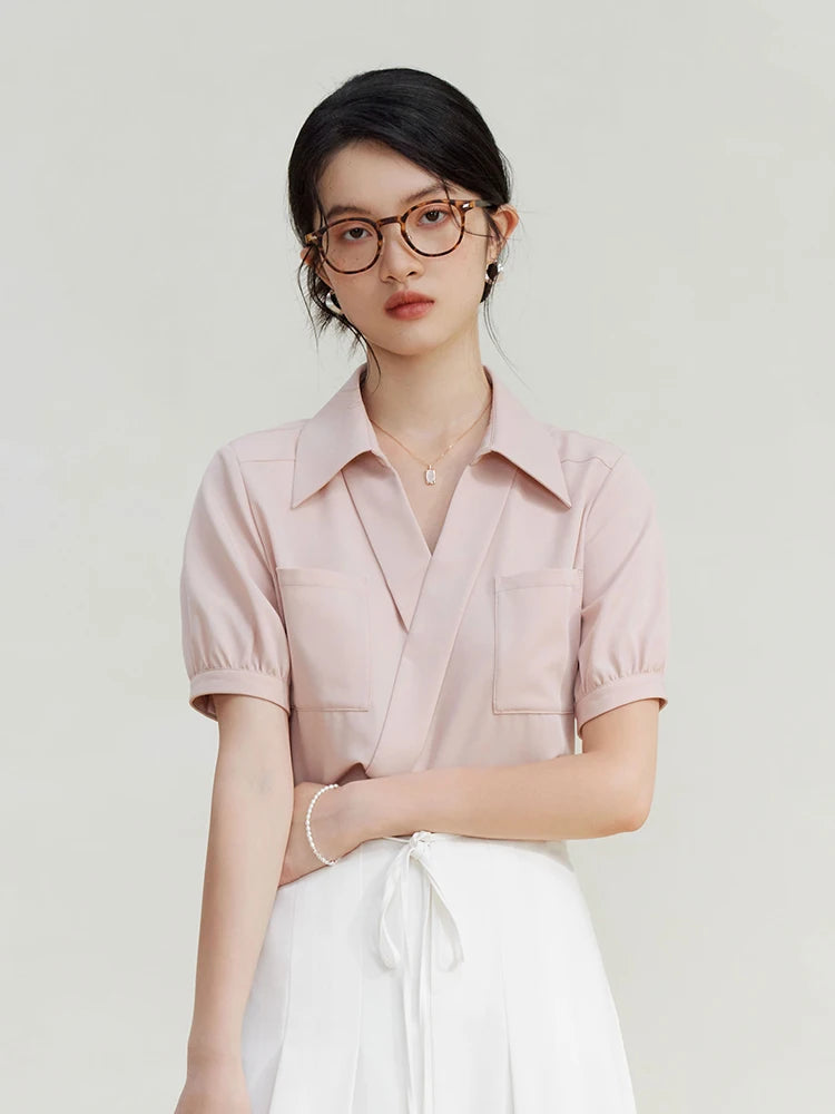 ZIQIAO Design Sense V-neck Slanted Placket Shirt for Women Summer Niche Commuting Casual Short-sleeved Shirt Top for Female