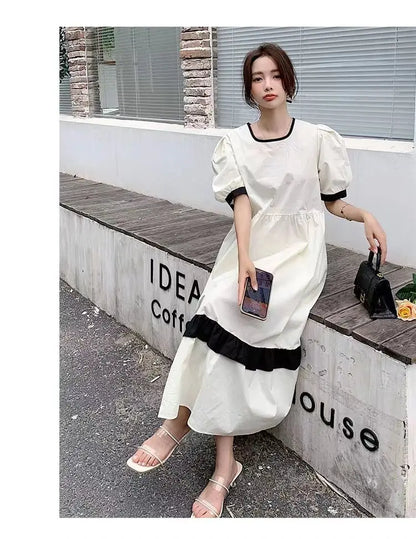 2024 Summer New French Contrast Color Bubble Sleeve Dress Large Retro Style Loose Over Knee Long Dress