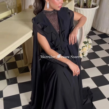 Marrilee Charming Chiffon Black A-Line Sequins Evening Dresses فساتين V-Neck Cap Sleeves Floor Length Prom Gown Formal Occasions