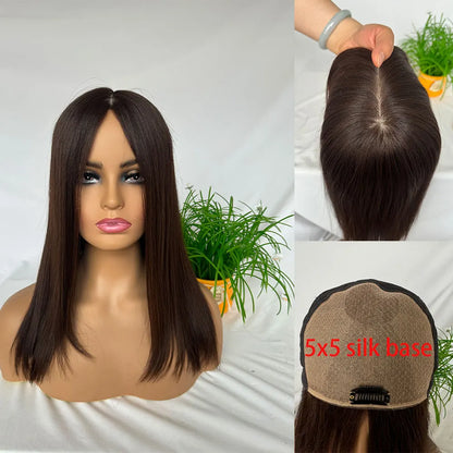 5X5 Silk Base 12A Virgin Human Hair Topper Silk Top Base Full Lace Wigs for Women Middle Part Silk Straight Brown Color