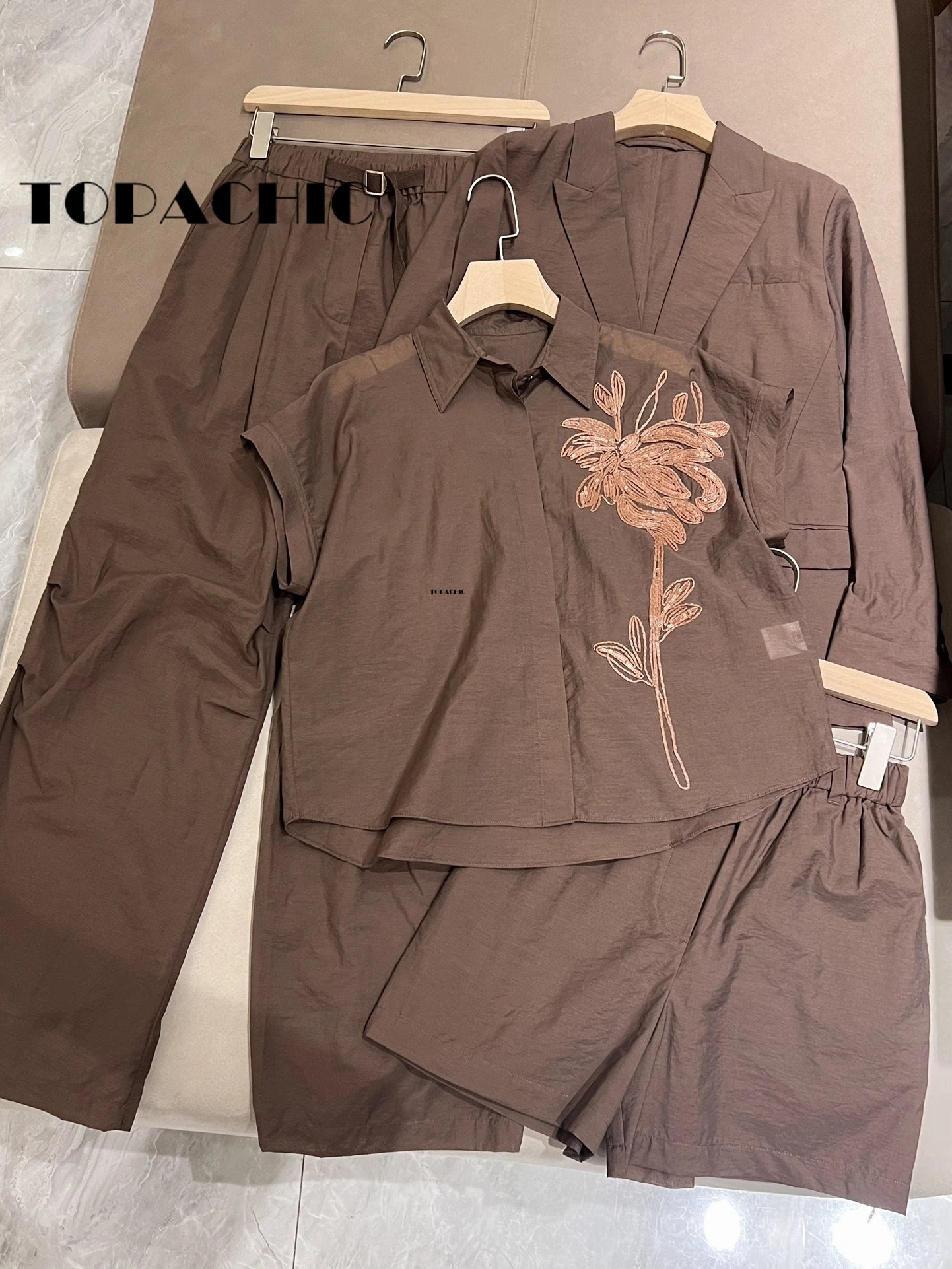 4.26 TOPACHIC Classic Women's Cotton Short Sleeve Shirt Or Single Button Thin Blazer Or Elastic Waist Shorts Or Long Pants Set