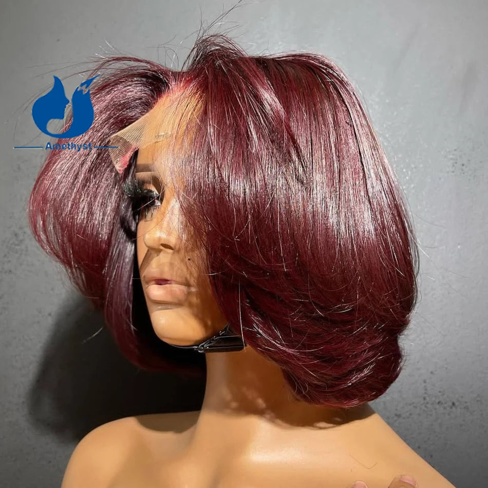 Burgundy 5.5x4.5PU Silk Base Lace Closure Bob Wigs Human Hair For Women Short Brazilian Remy Glueless Wave Bob Layered Cut 99J