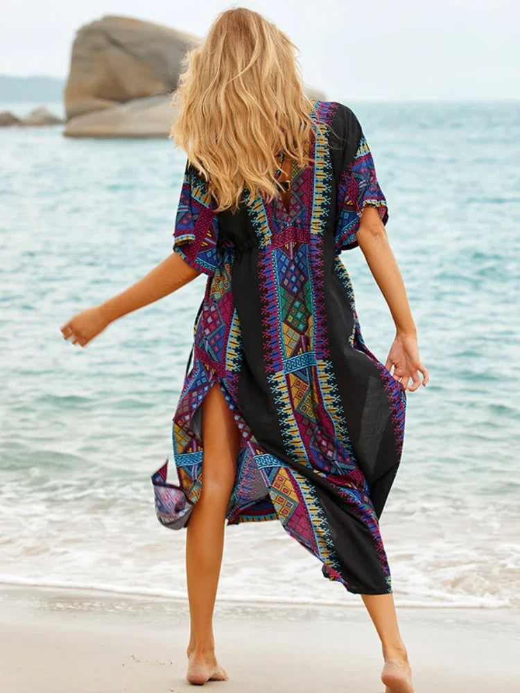 2024 Plus Size Loose Kaftan Bathing Suit Cover Up Women Summer Autumn Beachwear Swimsuit Cover-ups Bohemian Beach Dress Robe