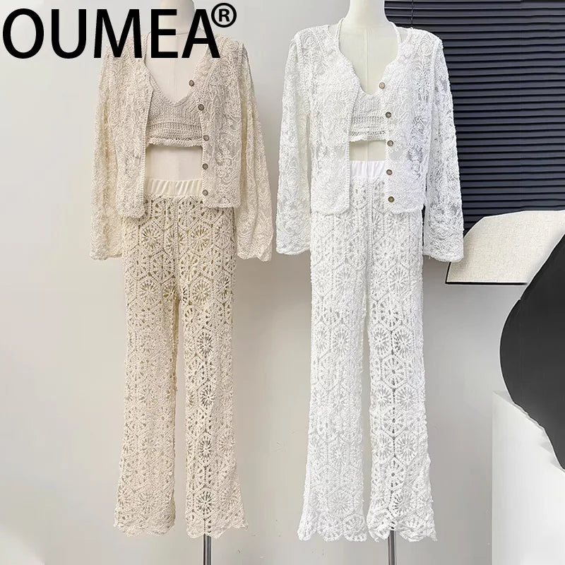 OUMEA Women Knitting Crochet Sets Summer Cotton 3 Pieces Halter Neck Camis Crop Tops Beach Sheer Lace Cover Up Long Flare Pant