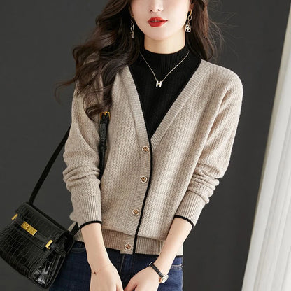 Autumn Winter Fake Two Pieces Patchwork Knitted Sweater Ladies Loose Casual All-match Pullover Tops Women Jumpers Female Clothes