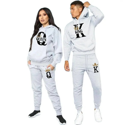 2024 New Autumn and Winter Men's and Women's Sweater Set KING QUEEN Loose Relaxed Hooded Print Couple Set