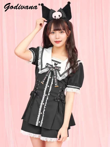 SC Kuromi Sailor Sailor Collar Printed Bow Tie Short Sleeve Shorts Ladies Two-Piece Set Summer New Japanese Lolita Style Outfits