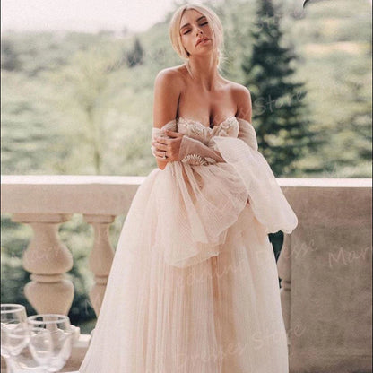 Boho Elegant Classic A Line Women's Wedding Dresses Modern Sweetheart Bride Gowns Puff Sleeve Backless Vestidos De Novia Lujo