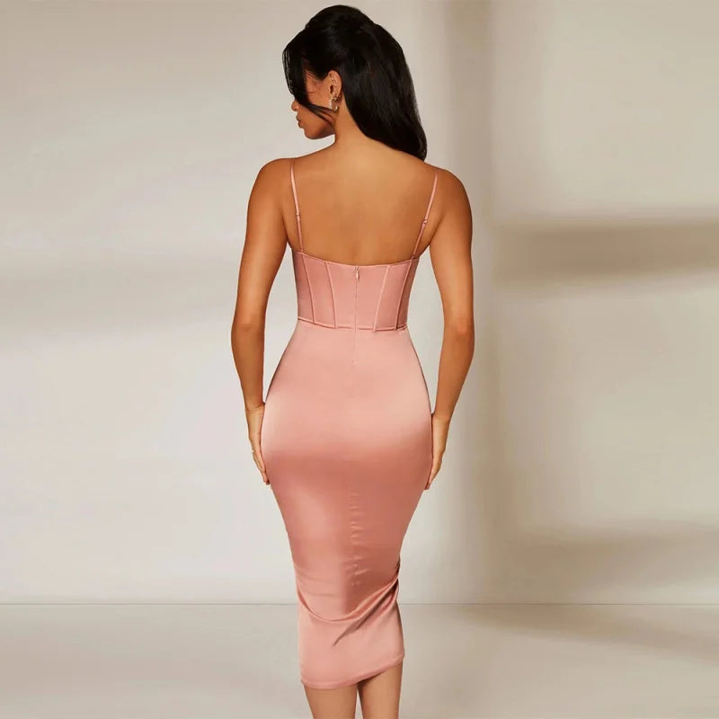 2024 Spring and Summer New Elegant Women's Clothing Slit Midi Skirt Fishbone Backless Slim Fit Sling Dress Party Dress for Women