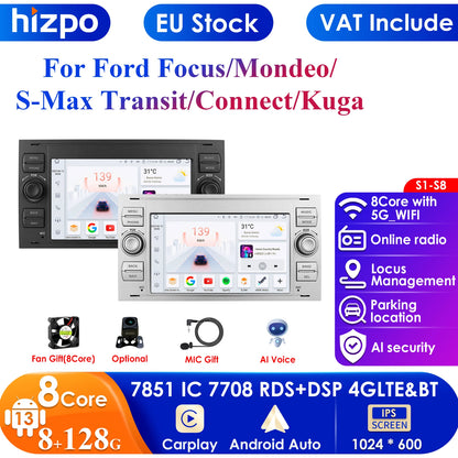 High-Performance 8G+128G Android 12 Car Radio GPS for Ford Mondeo, S-max, Focus, C-MAX, Galaxy, Fiesta, Transit, Fusion, Connect, Kuga – 2DIN Multimedia Navigation System