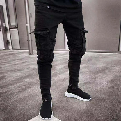 Fashion Streetwear Ripped Skinny Jeans Men Side Mulit Pockets Denim Cargo Pants Slim Fit Pantalones Hombre Soft Elastic Joggers