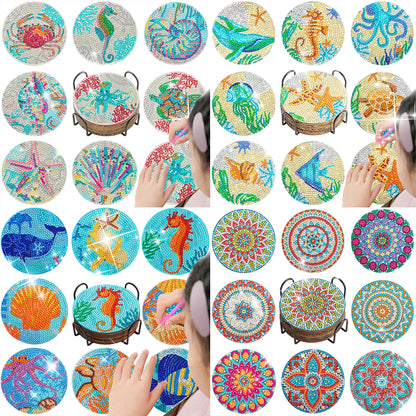 GATYZTORY 6/8pcs sets Diamond Painting Coasters with Holder Ocean Diamond Art Coasters Kits DIY Crafts for Adults Diy Gift