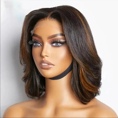 Natural 16 inch Soft Short Bob Highlight Brown 5x5 Silk Base Jewish Human Hair Wigs Baby Hair HD Lace European Hair Preplucked