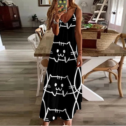 Spring Summer Women V-Neck Cat Printed Sexy Beach Long Maxi Dress Split Sleeveless Clothing Holiday Vestido