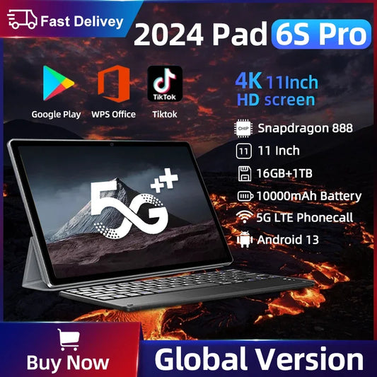 2024 Original Pad 6S Pro Global Version HD 4K Android 13.0 Snapdragon 888 11inch 16GB+512GB 10000mAh Tablet PC 5G Dual SIM WIFI