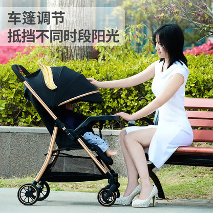 Baby stroller can sit and lie down with one button folding Children's four-wheel stroller is a lightweight handcart