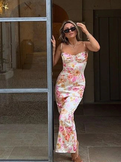 Suninheart Elegant Floral Maxi Bodycon Dress - Spaghetti Straps, Perfect for Summer Weddings & Holidays 2023