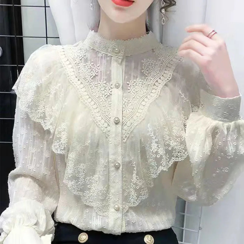 French Vintage Ruffle Edge Lace Women Shirt Palace Style 2024 Spring New Luxury  Long Sleeve Single Breasted Blouses Elegant