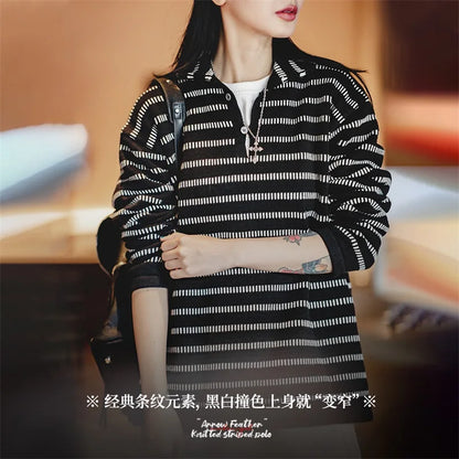 Maden Arrow Feature Knitted Striped Polo for Women Soft and Comfortable Sweater Autumn and Winter Unisex Thick Pullover