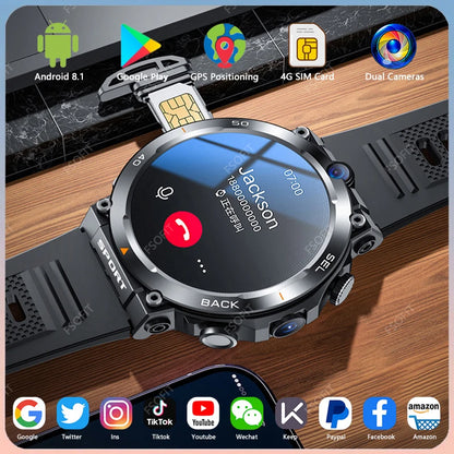 1.39-inch 4G Network SIM Card Smart Watch Dual Camera GPS Wifi NFC Rugged 64G-ROM Google Play IP67 Android Men Women Smartwatch